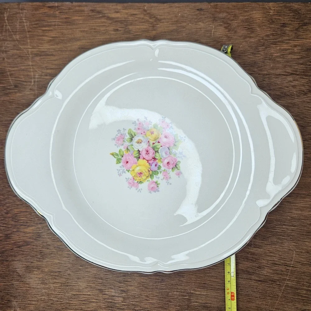 Edwin M Knowles China Floral Serving Platter Tab Handles Scalloped Gold Trim 12